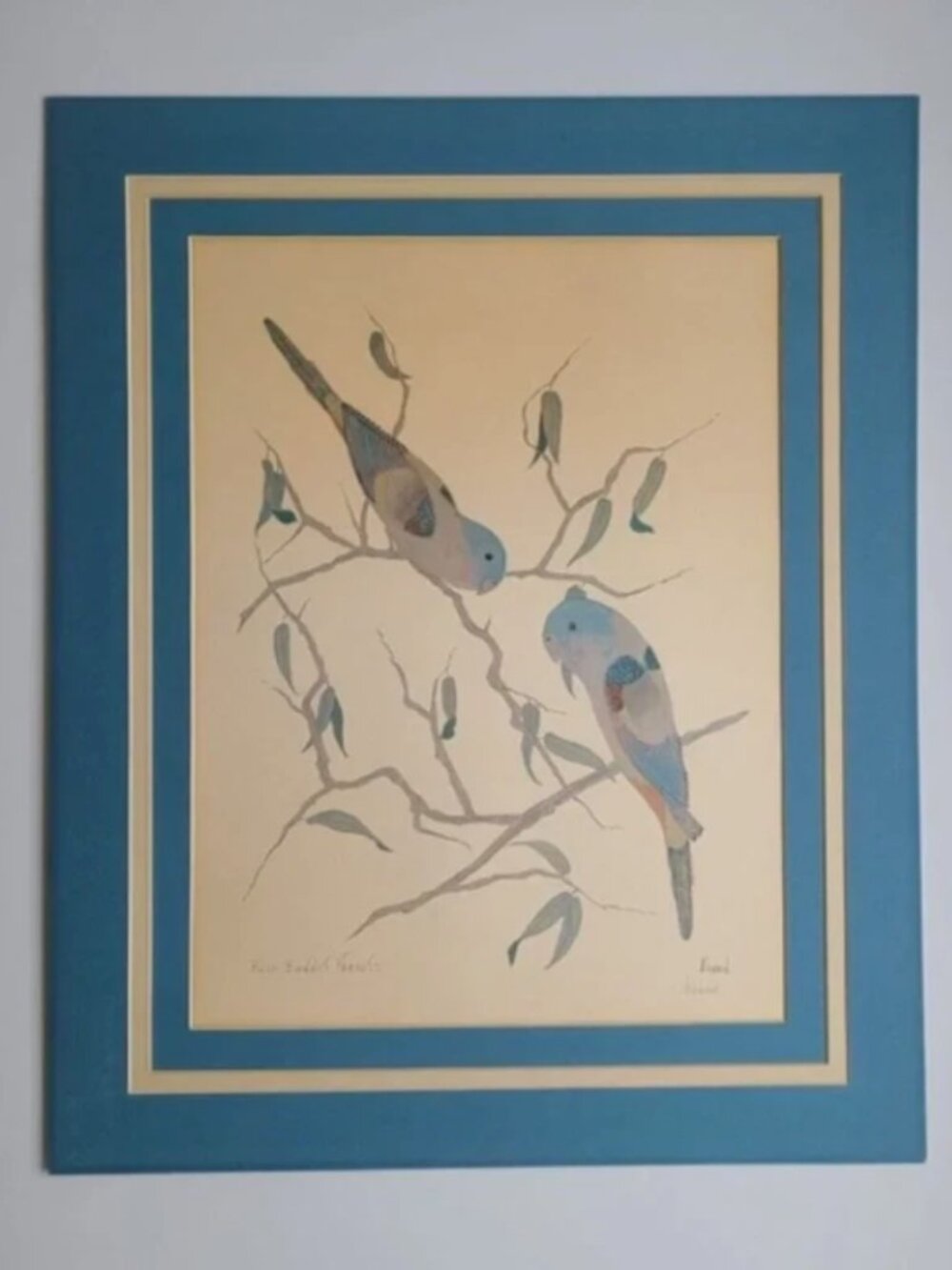 Art Blue Bonnet Parrots Pat Moran Watercolor Unframed Signed Titled Birds